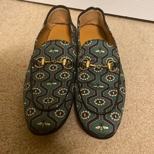 Men’s Gucci Brixton Green Navy Blue Bee Print Horse Bit Canvas Loafers Size 8